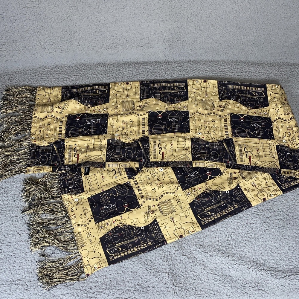 Zazou Luxe 100% Silk Scarf Gold/Blk Instrument Notes Violin Chelo